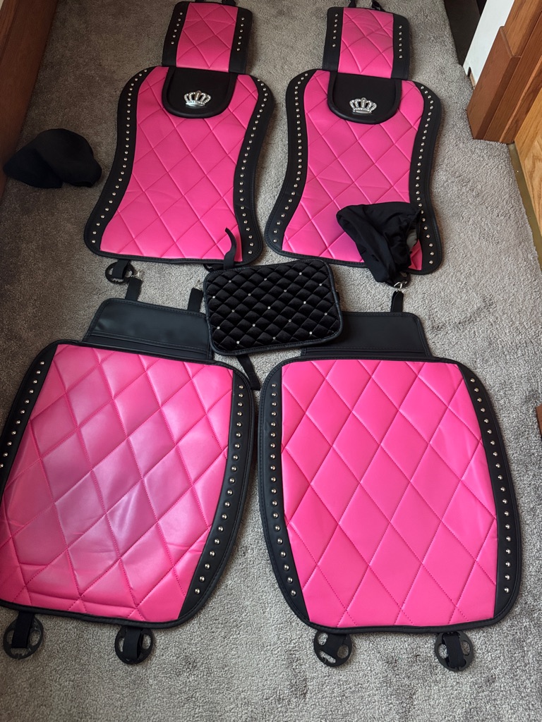 Pink Black Quilted Car Seat Covers Set Rhinestone Crown Universal Interior
